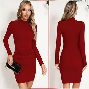 🩵⏭️NWOT Red Mock Neck Ribbed Bodycon Long Sleeve Dress Large